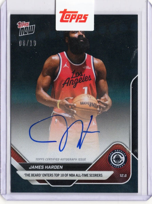 2025 Topps Now James Harden #76A Black Foil Auto /10 'The Beard' Enters Top 10 of NBA All Time Scorers Los Angeles Clippers Basketball Card