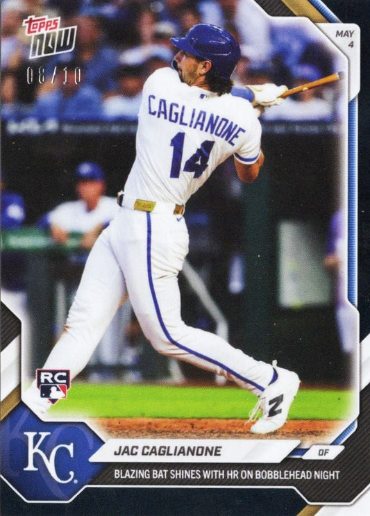 2026 Topps Now Jac Caglianone #161 Black Foil /10 Blazing Bat Shines with Home Run on Bobblehead Night Kansas City Royals Rookie RC Baseball Card