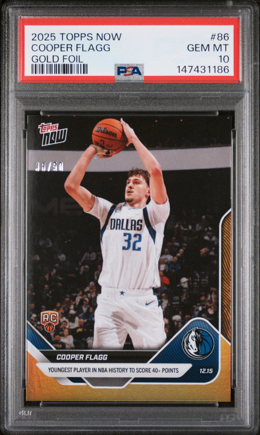 Graded 2025 Topps Now Cooper Flagg #86 Gold Foil /50 Rookie RC Basketball Card PSA 10 Gem Mint