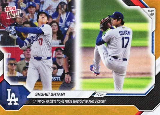 2026 Topps Now Shohei Ohtani #226 Orange Foil /25 1st Pitch Home Run Sets Tone for 5 Shutout IP & Victory Los Angeles Dodgers Baseball Card