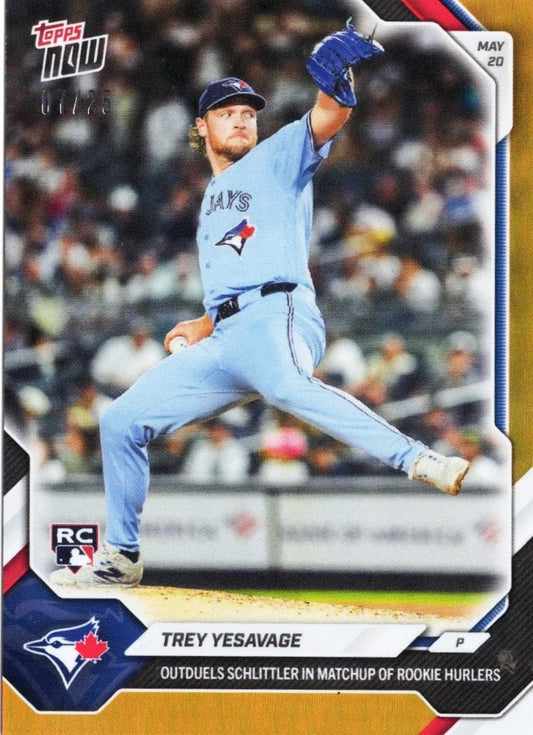 2026 Topps Now Trey Yesavage #225 Orange Foil /25 Outduels Schlittler in Match Up of Rookie Hurlers Toronto Blue Jays Rookie RC Baseball Card