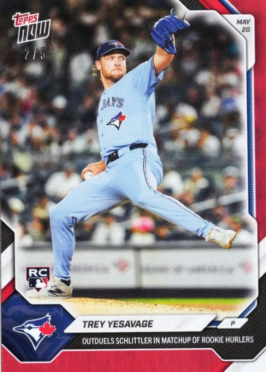 2026 Topps Now Trey Yesavage #225 Red Foil /5 Outduels Schlittler in Match Up of Rookie Hurlers Toronto Blue Jays Rookie RC Baseball Card