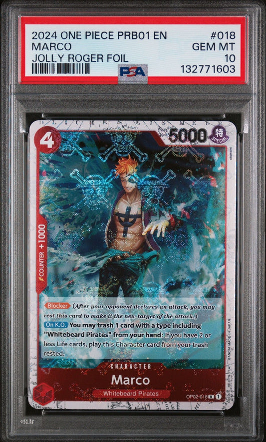 Graded 2024 One Piece Marco #018 Jolly Roger Foil Trading Card Game PSA 10 Gem Mint