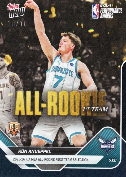2025 Topps Now Kon Knueppel #AR02 Black Foil /10 2025-26 KIA NBA All Rookie First Team Selection Charlotte Hornets Rookie RC Basketball Card