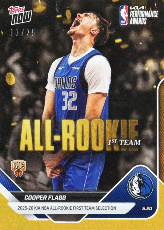 2025 Topps Now Cooper Flagg #AR01 Orange Foil /25 2025-26 KIA NBA All Rookie First Team Selection Dallas Mavericks Rookie RC Basketball Card