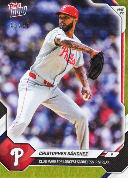2026 Topps Now Cristopher Sanchez #258 Gold Foil /50 Club Mark for Longest Scoreless Innings Pitched Streak Philadelphia Phillies Baseball Card