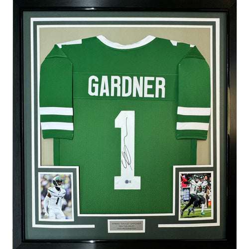 Framed Autographed/Signed Ahmad Sauce Gardner 35x39 New York Green Football Jersey Beckett BAS COA #2