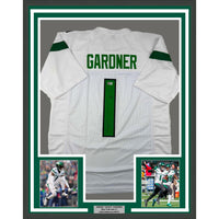 Framed Autographed/Signed Ahmad Sauce Gardner 35x39 New York White Football Jersey Beckett BAS COA