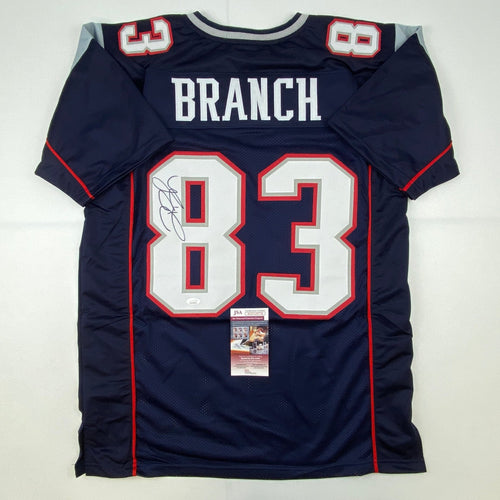 Autographed/Signed Deion Branch #83 New England Blue Football Jersey JSA COA