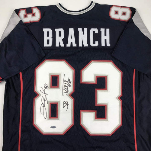 Autographed/Signed Deion Branch Super Bowl XXXIX MVP New England Blue Football Jersey Tristar COA