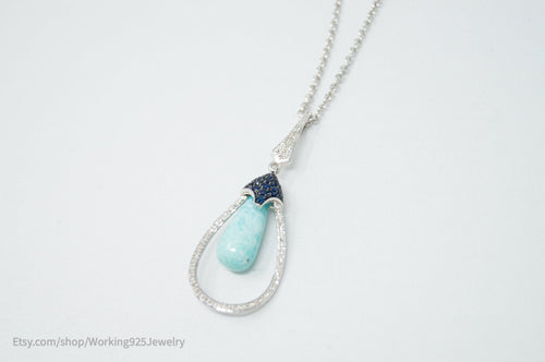 Vtg Designer RPG Ocean Blue Larimar Sapphire Diamond Sterling Silver Necklace