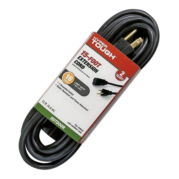Hyper Tough 15FT 16AWG 3 Prong Black Outdoor Single Outlet Extension Cord EasyOptionXY LLC