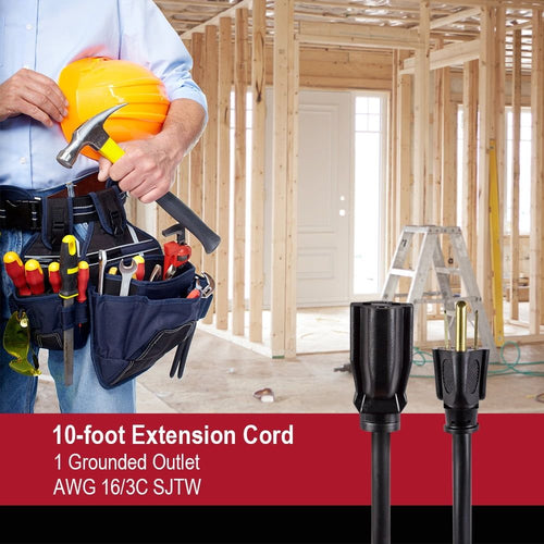 Hyper Tough 10FT 16AWG 3 Prong Black Outdoor Single Outlet Extension Cord EasyOptionXY LLC