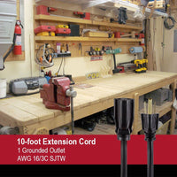 Hyper Tough 10FT 16AWG 3 Prong Black Outdoor Single Outlet Extension Cord EasyOptionXY LLC