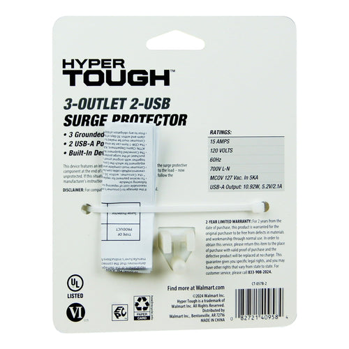 Hyper Tough Indoor 3-Outlet Surge Tap with 2 USB Ports, 15 Amps, White EasyOptionXY LLC