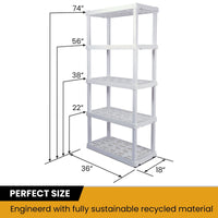 Hyper Tough 74" H x 18" D x 36" W 5 Shelf Plastic Garage Shelves, Storage Shelving, White 750 lbs Capacity EasyOptionXY LLC