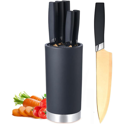 Kitchen Knife Set, 6 Pieces Sharp Stainless Steel Chef Knife Set with Cylindrical Block, Ergonomic Black Handle Knife with Gold Blades, Knife Set with Gift Box, House Warming Gift EasyOptionXY LLC