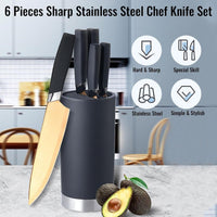 Kitchen Knife Set, 6 Pieces Sharp Stainless Steel Chef Knife Set with Cylindrical Block, Ergonomic Black Handle Knife with Gold Blades, Knife Set with Gift Box, House Warming Gift EasyOptionXY LLC