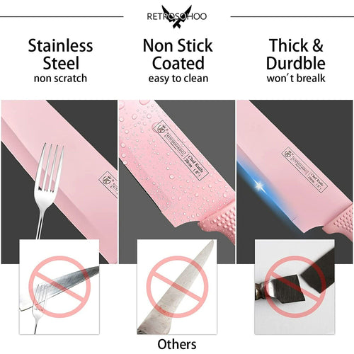Kitchen Knife Set,Pink Flower 6PC Stainless Steel Sharp Chef Knife Set with Acrylic Stand, Cooking Non-slip Knife Set with Block, Non-stick Colorful Coating Gift for Women Girls EasyOptionXY LLC