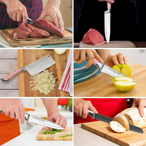 Kitchen Knife Set, 9-Pieces Pink Sharp Non-Stick Coated Chef Knives Block Set ,Stainless Steel Knife Set for Kitchen with Sharpener for Cutting Slicing Dicing Chopping EasyOptionXY LLC