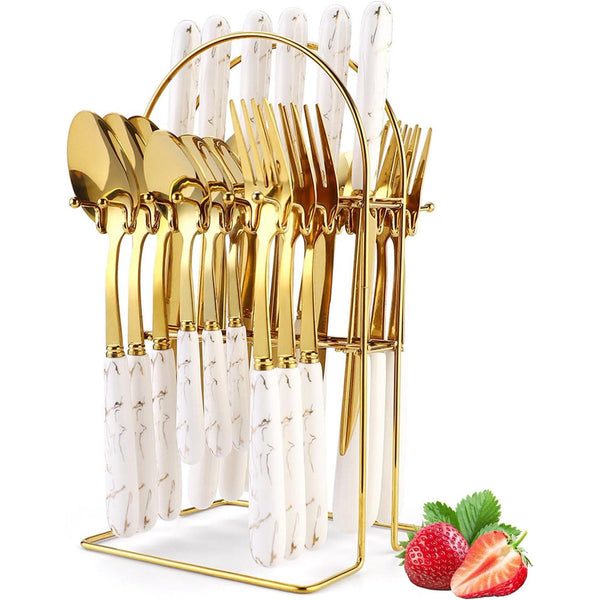Gold Silverware Set, 24 Pieces Flatware Set with Silverware Holder, Stainless Steel Knives Forks Spoons Cutlery Set Service for 6, Kitchen Utensil Tableware Set with Pink Handle EasyOptionXY LLC