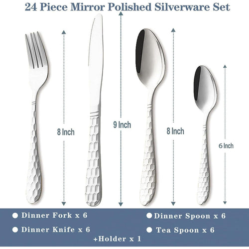 24 Pieces Silverware Set, Stainless Steel Flatware Set with Holder, Mirror Polished Utensils Set Service for 6, Durable Kitchen Eating Tableware Set, Include Fork Knife Spoon Set, Dishwasher Safe EasyOptionXY LLC