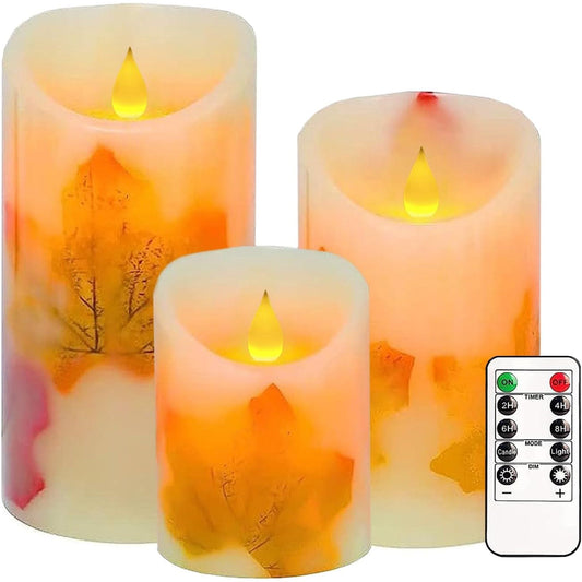 Flameless Candles Lights, Set of 3 Maple Leaf Flickering LED Candles with Remote & Timer, Dimmable LED Pillar Candles Battery Operated, Electric Candles for Thanksgiving Halloween Fall Harvest Decor EasyOptionXY LLC