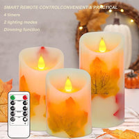 Flameless Candles Lights, Set of 3 Maple Leaf Flickering LED Candles with Remote & Timer, Dimmable LED Pillar Candles Battery Operated, Electric Candles for Thanksgiving Halloween Fall Harvest Decor EasyOptionXY LLC
