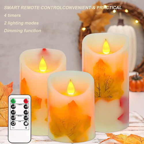 Flameless Candles Lights, Set of 3 Maple Leaf Flickering LED Candles with Remote & Timer, Dimmable LED Pillar Candles Battery Operated, Electric Candles for Thanksgiving Halloween Fall Harvest Decor EasyOptionXY LLC