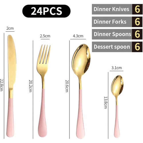 24 Pieces Flatware Set, Stainless Steel Flatware Set with Silverware Holder Spoons Forks Knives, Utensils Set Service for 6, Gold Mirror Polished and Matte Pink Painted EasyOptionXY LLC