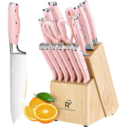 Kitchen Knife Set, 15 Pieces High Carbon Stainless Steel Knife Block Set with Wood Block, Cutlery Block Knife Set, Forged Triple Rivet, Razor-Sharp Blade Ergonomic Handle, Dishwasher Safe EasyOptionXY LLC