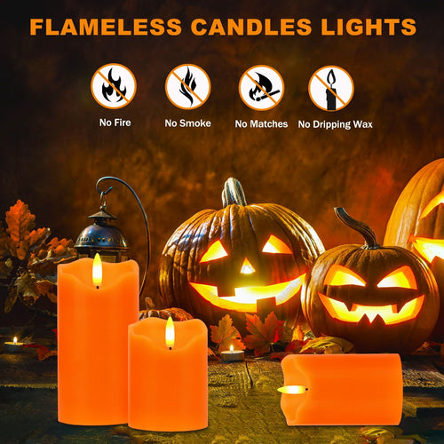 Flameless Candles Lights, Set of 3 Orange Flickering LED Candles with Remote & Timer, Dimmable LED Pillar Candles Battery Operated, Electric Candles for Fall Halloween Thanksgiving Decor EasyOptionXY LLC