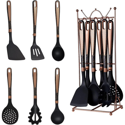 Silicone Cooking Utensils Set, Luxury 7 Pcs Kitchen Utensils Set with Hanging Holder, Heat Resistant Spatula Turner Set for Nonstick Cookware, Kitchenware Sets for Kitchen Home Restaurant EasyOptionXY LLC