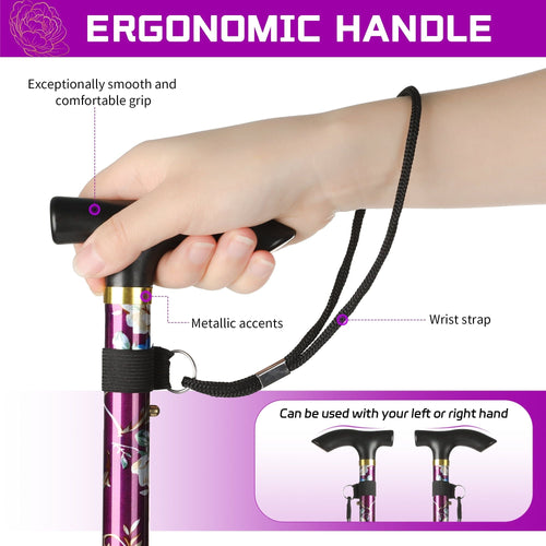 KEKOY Walking Cane for Women, 34" to 37" Height Adjustable Walking Stick, Portable T-Handle Folding Cane with 2 Replaceable Cane Tips, Mobility & Daily Living Aids EasyOptionXY LLC