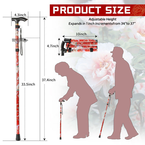 KEKOY Folding Cnes for Walking, 34" to 37" Height Adjustable Walking Stick for Men & Women with 2 Cane Tips, Folding Walking Cane, 5-Level Height Adjustable Cane EasyOptionXY LLC