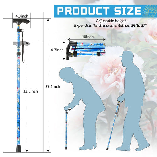 KEKOY Foldable Walking Cane, Floral Printed Canes for Men and Women - Self-Standing Cane, Lightweight Cane, Folding Cane with Adjustable Heights for Special Balancing EasyOptionXY LLC