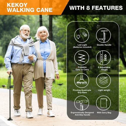 Kekoy Walking Cane, Canes for Men Women With Led Light, Foldable Adjustable Cane for Seniors Stability, 360 Pivoting Base Quad Cane with 2nd Handle and Carrying Bag EasyOptionXY LLC