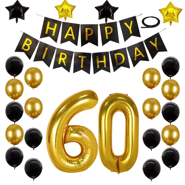 60th Birthday Decorations Kit, Large Number 60 Balloons, Black and Gold Happy Birthday Banner with Latex and Star Balloons, 60 Birthday Balloons Set Party Supplies, 24 Pack EasyOptionXY LLC