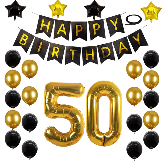 50th Birthday Decorations Kit, Large Number 50 Balloons, Black and Gold Happy Birthday Banner with Latex and Star Balloons, 50 Birthday Balloons Set Party Supplies, 24 Pack EasyOptionXY LLC
