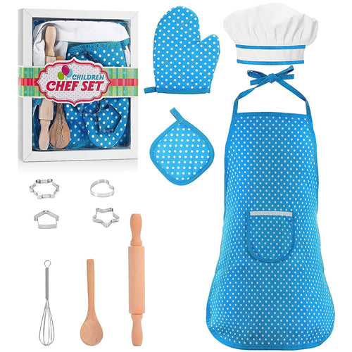 11 Pcs Kids Aprons for Girls Boys, Kids Cooking and Baking Sets, Chef Hat Apron Pretend Play Costume Set for Toddlers Age 3-8, Blue	18548 EasyOptionXY LLC