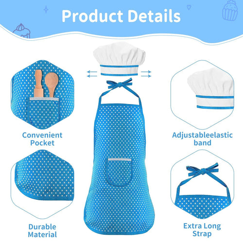 11 Pcs Kids Aprons for Girls Boys, Kids Cooking and Baking Sets, Chef Hat Apron Pretend Play Costume Set for Toddlers Age 3-8, Blue	18548 EasyOptionXY LLC