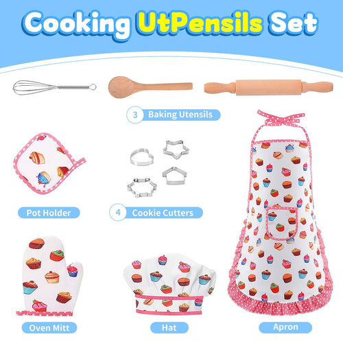 11 Pcs Kids Aprons for Girls Boys, Kids Cooking and Baking Sets, Chef Hat Apron Pretend Play Costume Set for Toddlers Age 3-8, White EasyOptionXY LLC