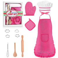 11 Pcs Kids Aprons for Girls Boys, Kids Cooking and Baking Sets, Chef Hat Apron Pretend Play Costume Set for Toddlers Age 3-8, Pink EasyOptionXY LLC