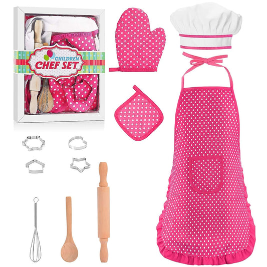 11 Pcs Kids Aprons for Girls Boys, Kids Cooking and Baking Sets, Chef Hat Apron Pretend Play Costume Set for Toddlers Age 3-8, Pink EasyOptionXY LLC