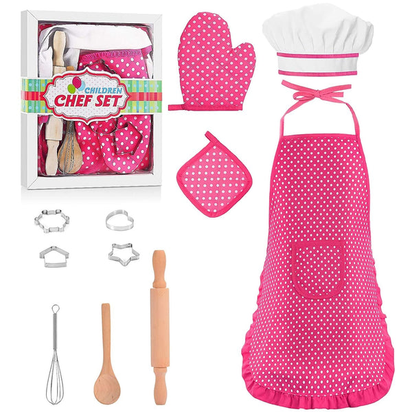 11 Pcs Kids Aprons for Girls Boys, Kids Cooking and Baking Sets, Chef Hat Apron Pretend Play Costume Set for Toddlers Age 3-8, Pink EasyOptionXY LLC
