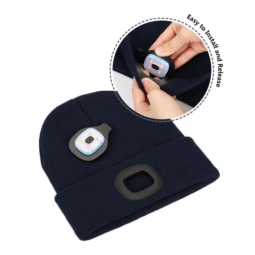 LED Beanie Hat with Light, Unisex USB Rechargeable 4 LED Headlamp Cap, Winter Knitted Headlight, Men Gifts for Dad Husband (Navy Blue) EasyOptionXY LLC