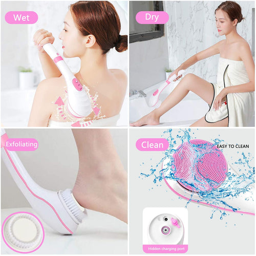 Electric Body Brush Shower, USB Rechargeable Back Body Brush with Long Handle, 5 in 1 Bath Shower Scrubber for Body Exfoliation and Massage Cleansing Set, Pink EasyOptionXY LLC