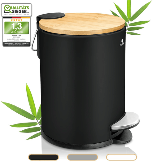 Exitoso? Bathroom Trash Can with Lid - Quiet Soft Close, Bamboo Lid, 0.8 gal (Black) EasyOptionXY LLC