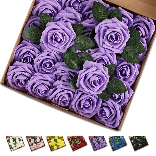 25 Pcs Artificial Rose Flowers, Foam Fake Flowers DIY Bouquets with Leaves and Stems for Wedding Party DIY Bouquets, Baby Shower, Home Decoration (Purple) EasyOptionXY LLC