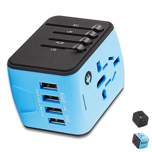 European Travel Plug Adapter, Universal International Power Adapter with 2.4A 4 USB, All in One Wall Charger for UK, EU, AU, AUS (Blue) EasyOptionXY LLC